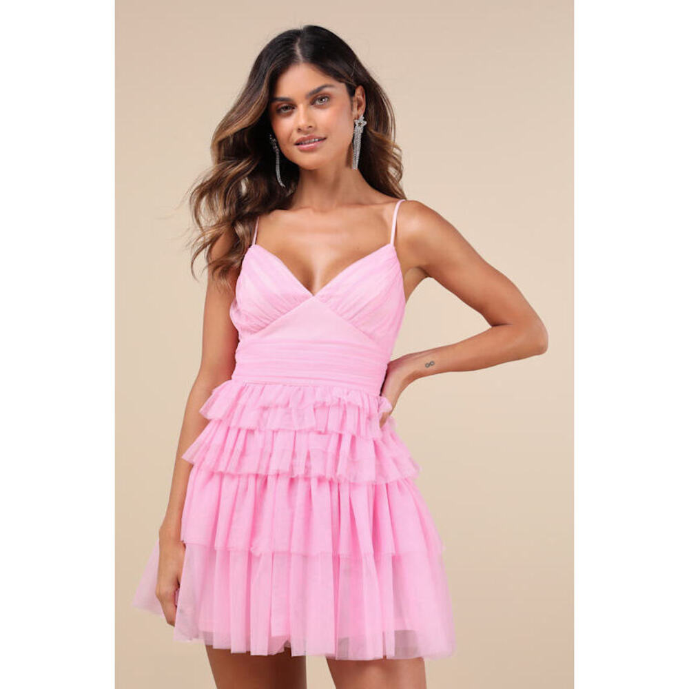 Lulus Special Poise Pink Tulle Pleated Sleeveless Tiered Mini Dress - Size L